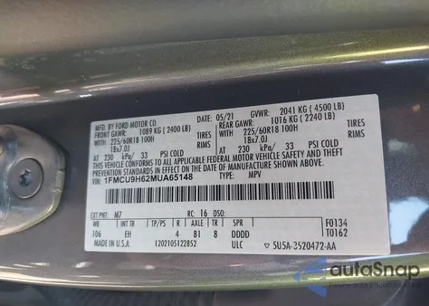 2021 Ford Escape Sel from USA, damaged, VIN 1FMCU9H62MUA65148
